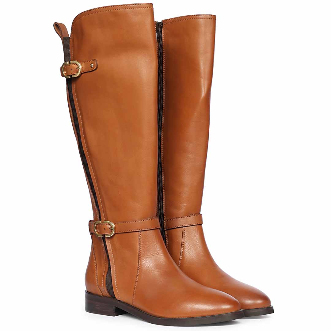 Saint Darla Dual Gold Buckle Accents Tan Leather Long Boots - Image 2