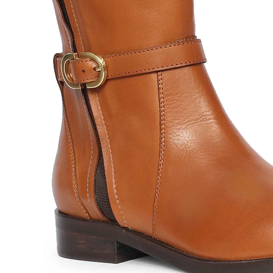 Saint Darla Dual Gold Buckle Accents Tan Leather Long Boots - Image 6
