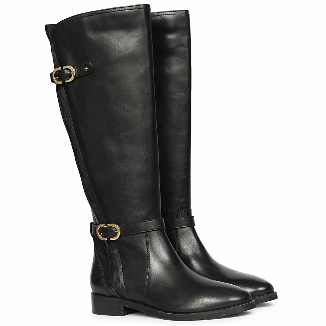 Saint Darla Dual Gold Buckle Accents Black Leather Long Boots - Image 2