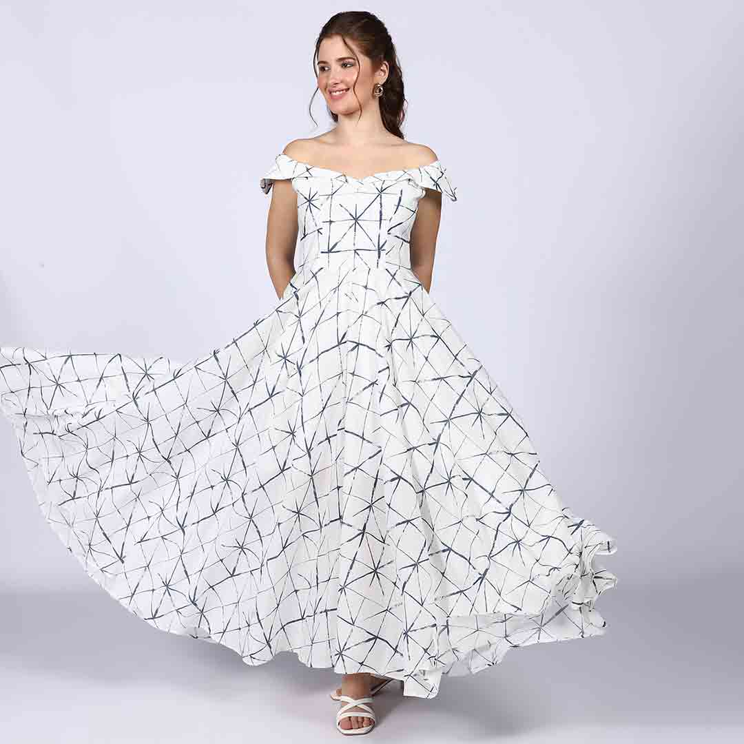Saint Delfina Womens White Indigo Off Shoulder Cotton Maxi Dress - Image 2