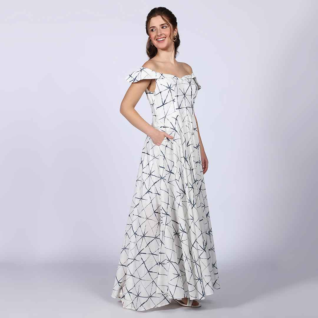 Saint Delfina Womens White Indigo Off Shoulder Cotton Maxi Dress - Image 3