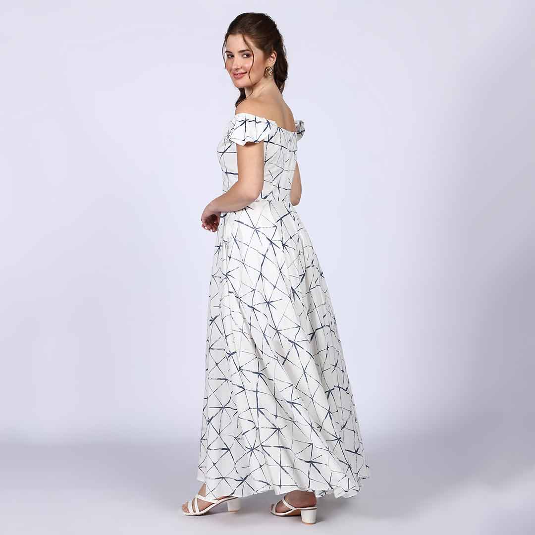 Saint Delfina Womens White Indigo Off Shoulder Cotton Maxi Dress - Image 4