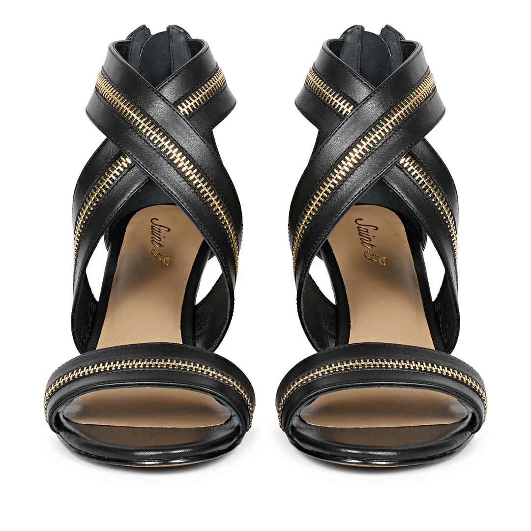 Saint Delilah Zip Decor Criss Cross Black Leather Stilettos - Image 6
