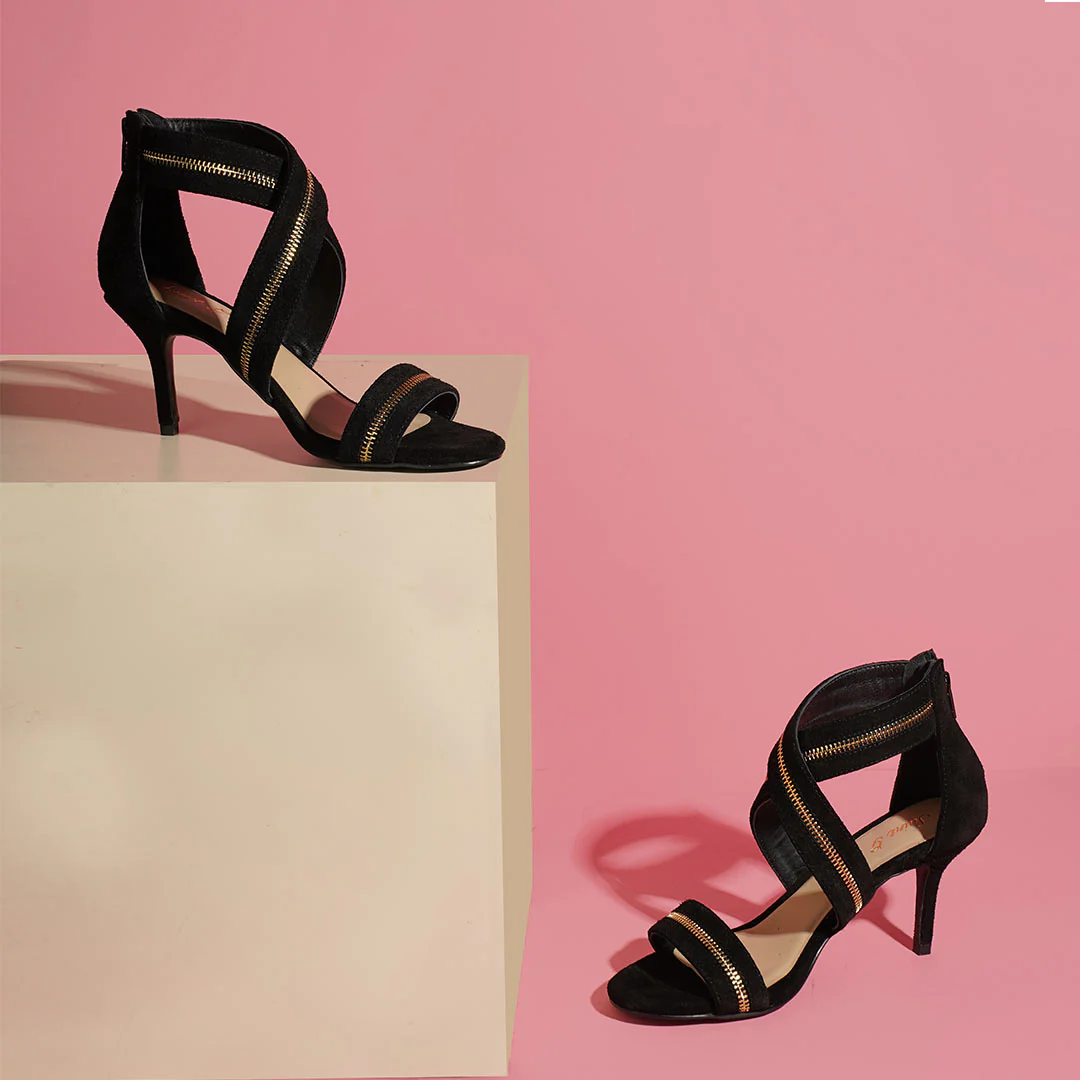 Saint Delilah Zip Decor Criss Cross Black Suede Leather Stilettos - Image 2