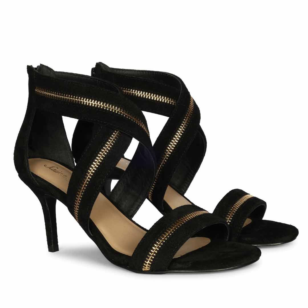Saint Delilah Zip Decor Criss Cross Black Suede Leather Stilettos - Image 3