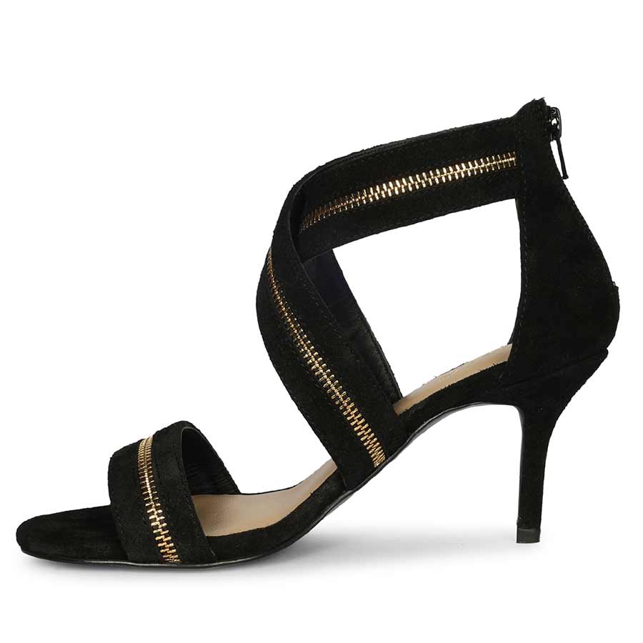 Saint Delilah Zip Decor Criss Cross Black Suede Leather Stilettos - Image 4