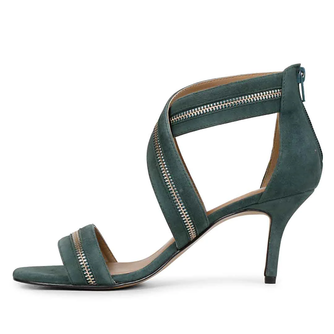 Saint Delilah Zip Decor Criss Cross Dark Teal Leather Stilettos - Image 3