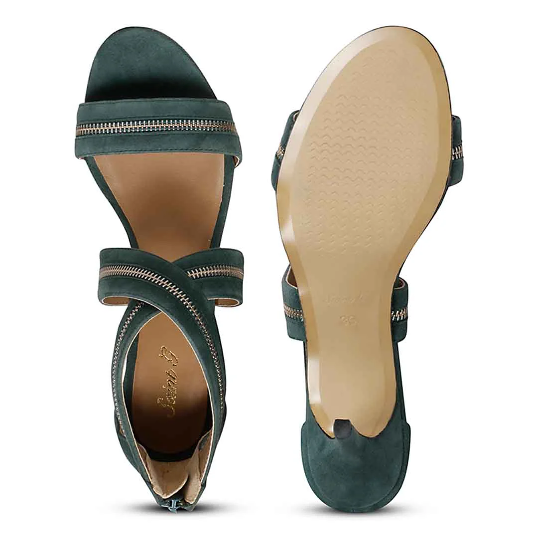 Saint Delilah Zip Decor Criss Cross Dark Teal Leather Stilettos - Image 6