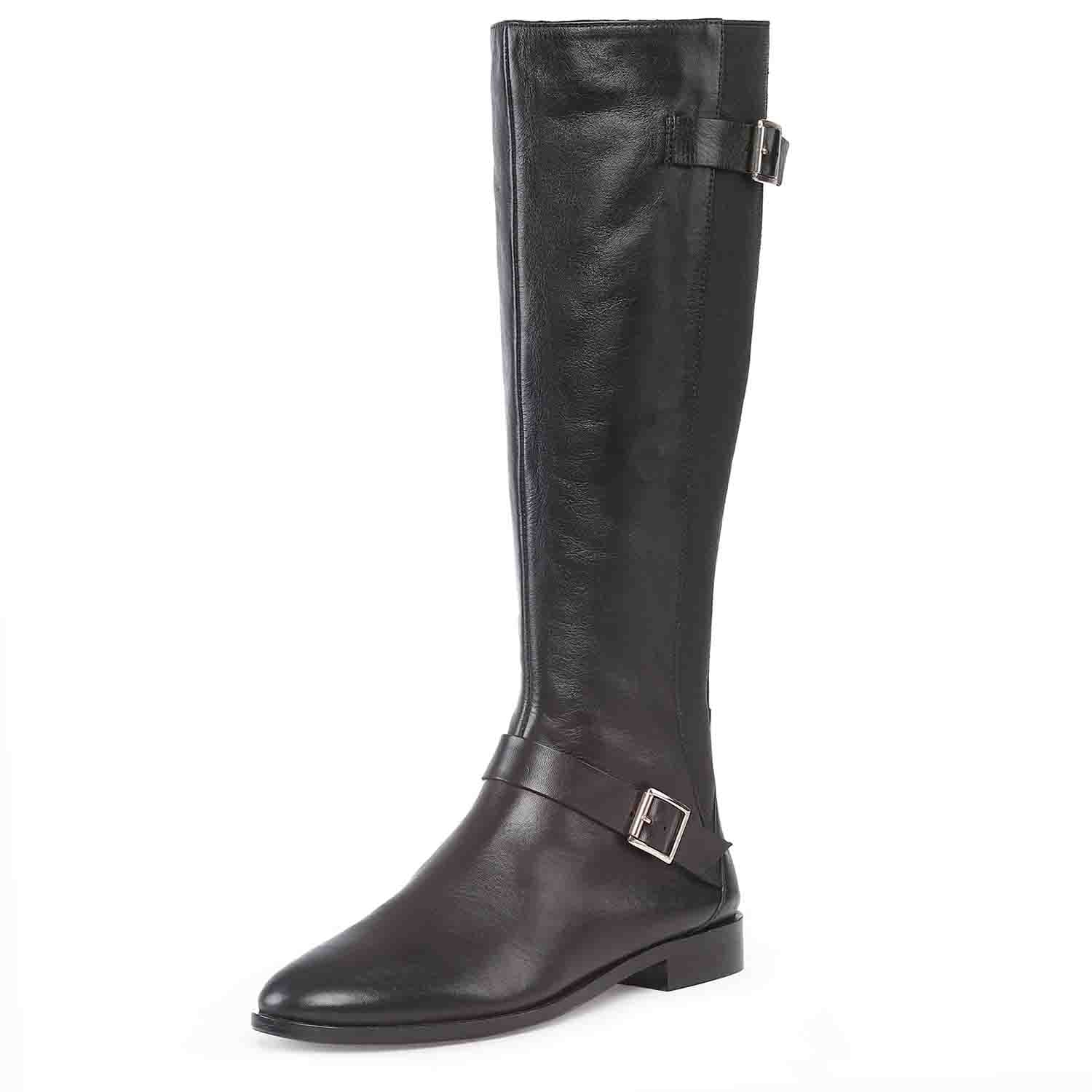 Saint Delores Black Crust Leather Buckle Decor Knee High Boots - Image 10