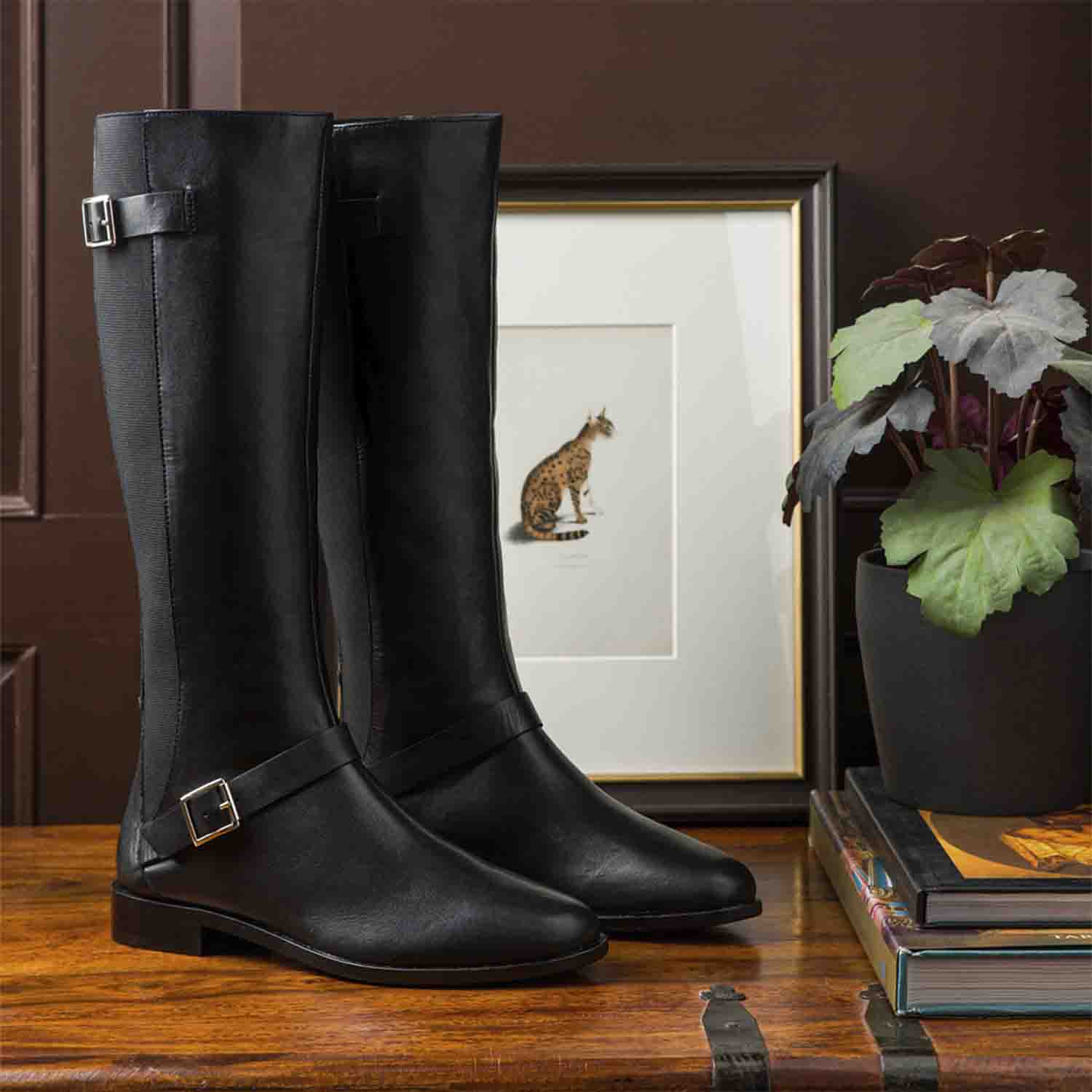 Saint Delores Black Crust Leather Buckle Decor Knee High Boots - Image 2