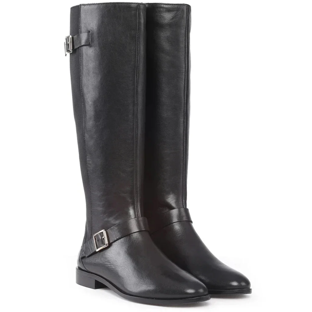 Saint Delores Black Crust Leather Buckle Decor Knee High Boots - Image 3