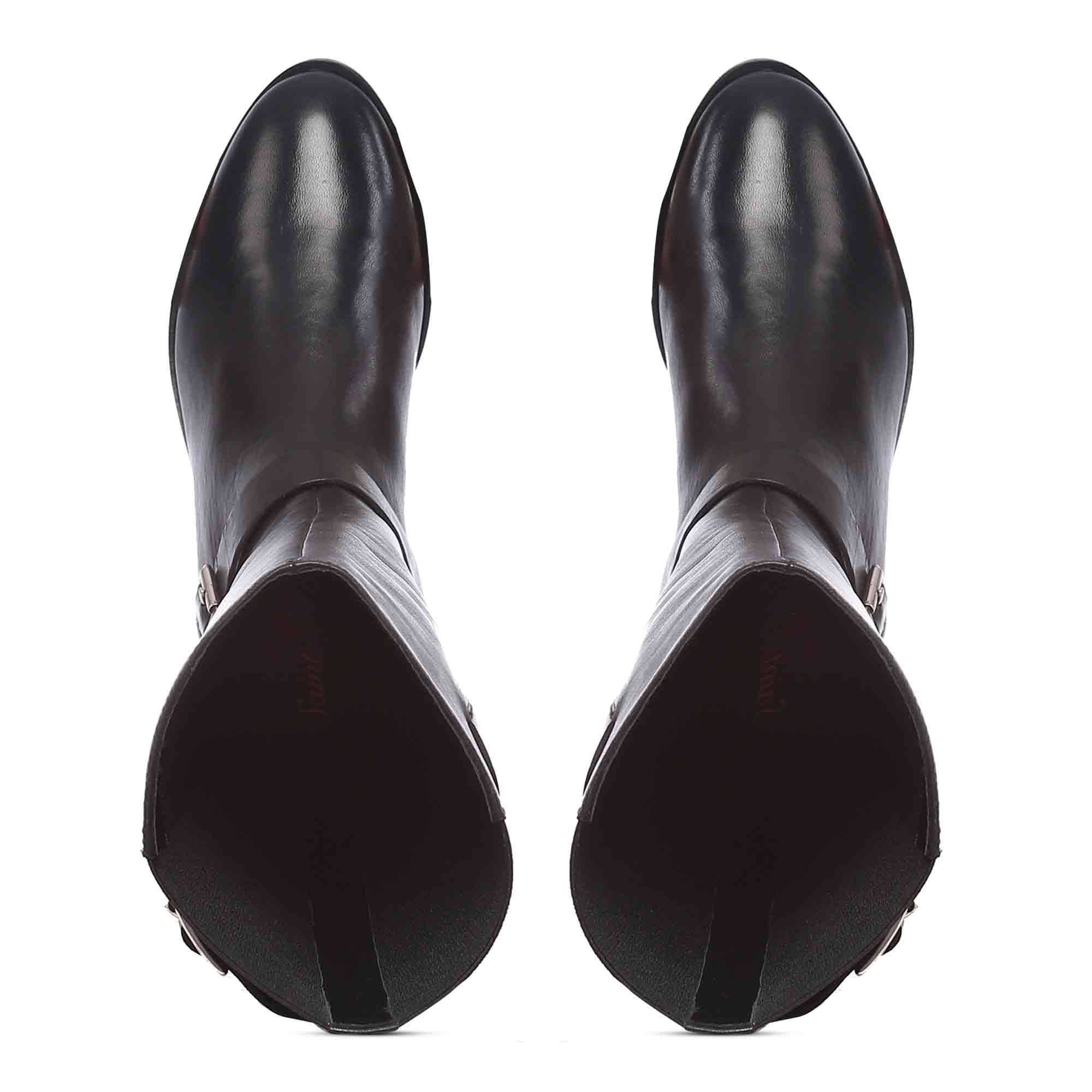 Saint Delores Black Crust Leather Buckle Decor Knee High Boots - Image 7