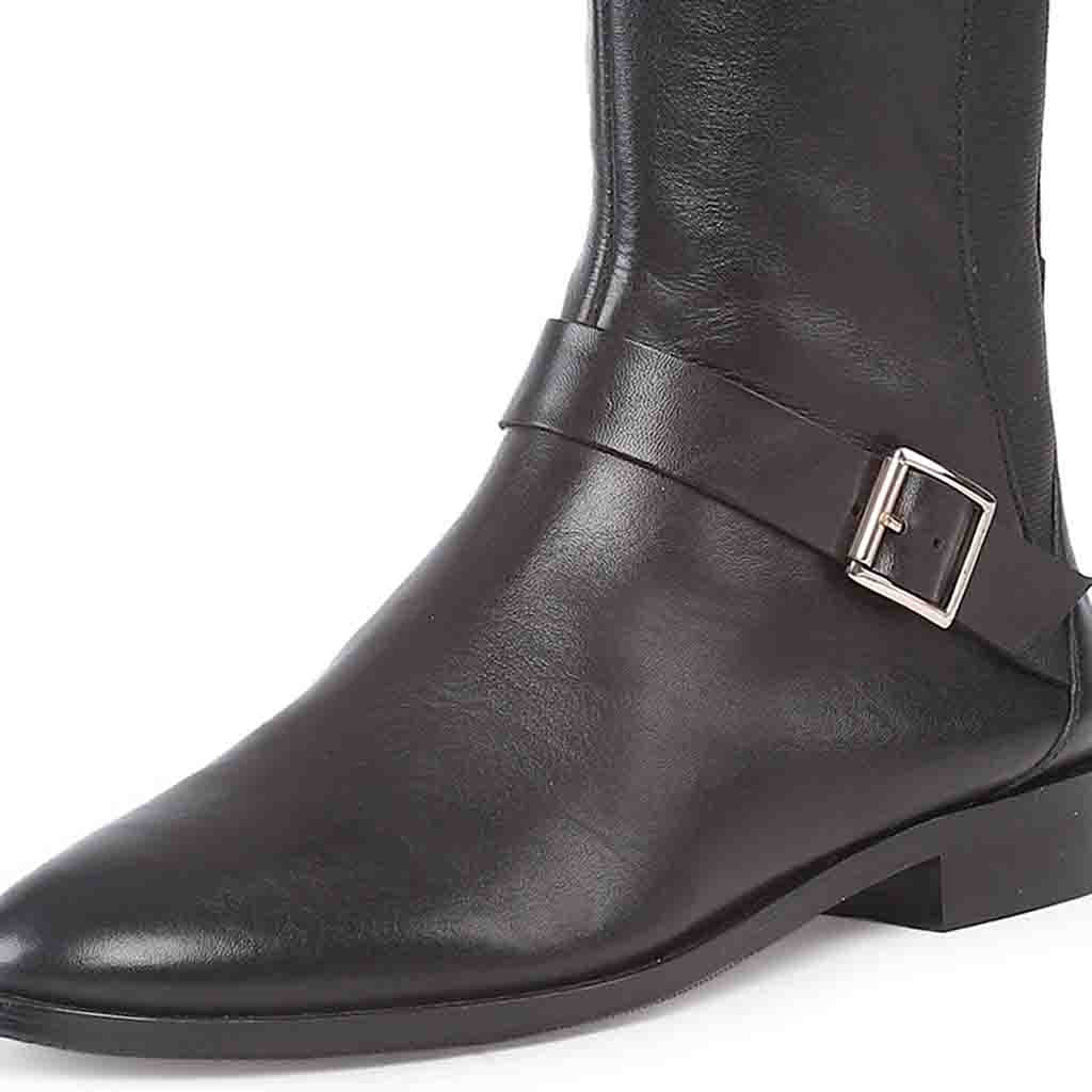 Saint Delores Black Crust Leather Buckle Decor Knee High Boots - Image 9