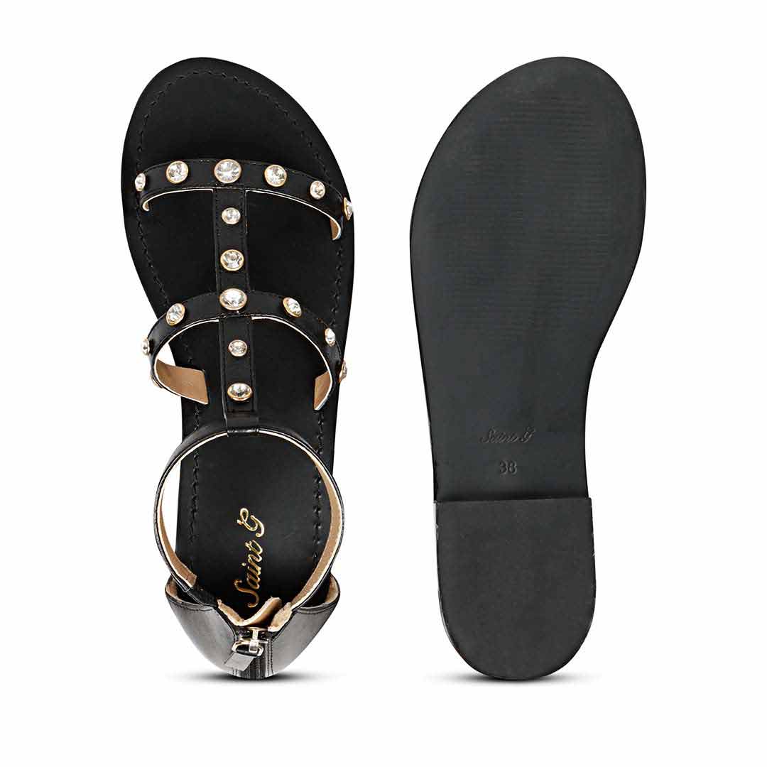 Saint Dion Crystal Stone Studded Black Leather Sandals - Image 7