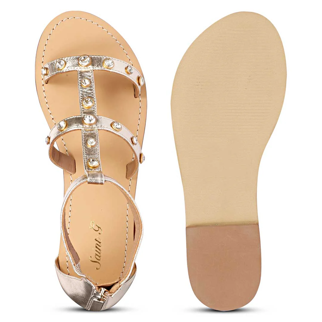 Saint Dion Crystal Stone Studded Platin Leather Sandals - Image 7