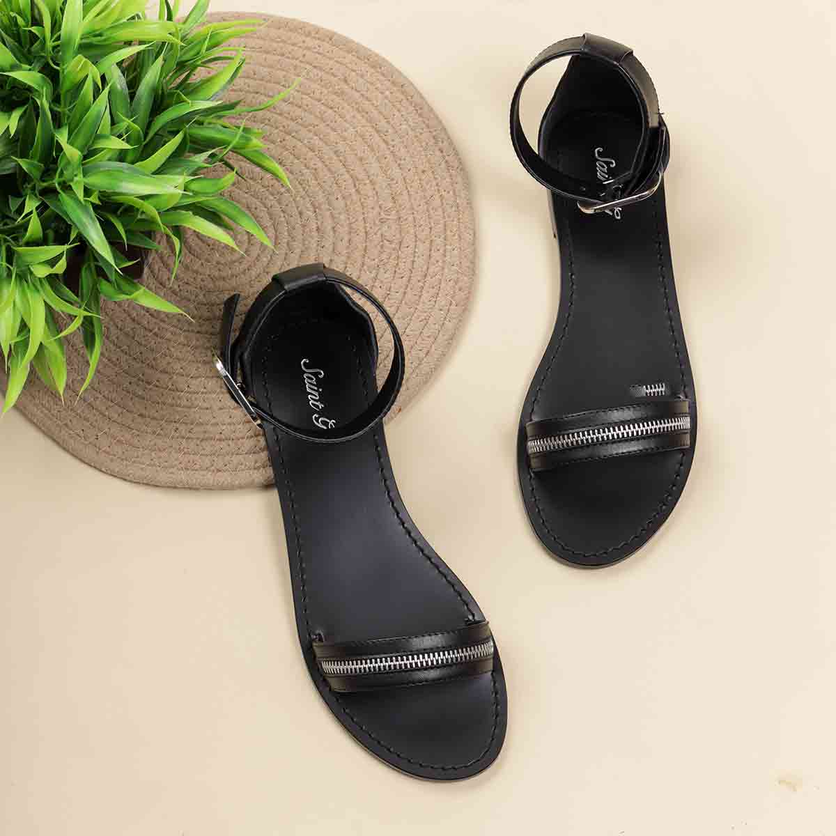 Saint Donelle Zip Decor Black Leather Sandals - Image 2