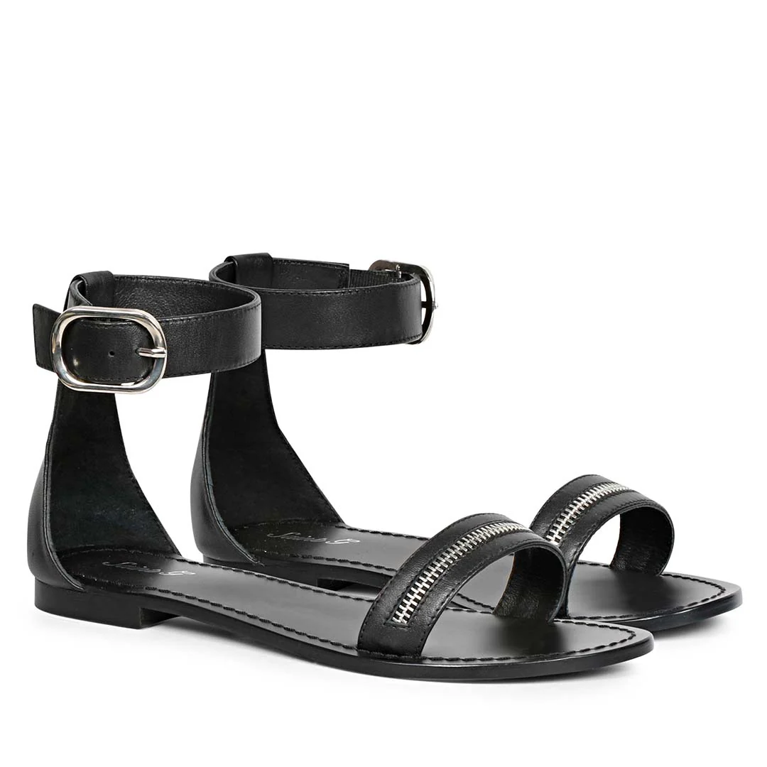 Saint Donelle Zip Decor Black Leather Sandals - Image 3