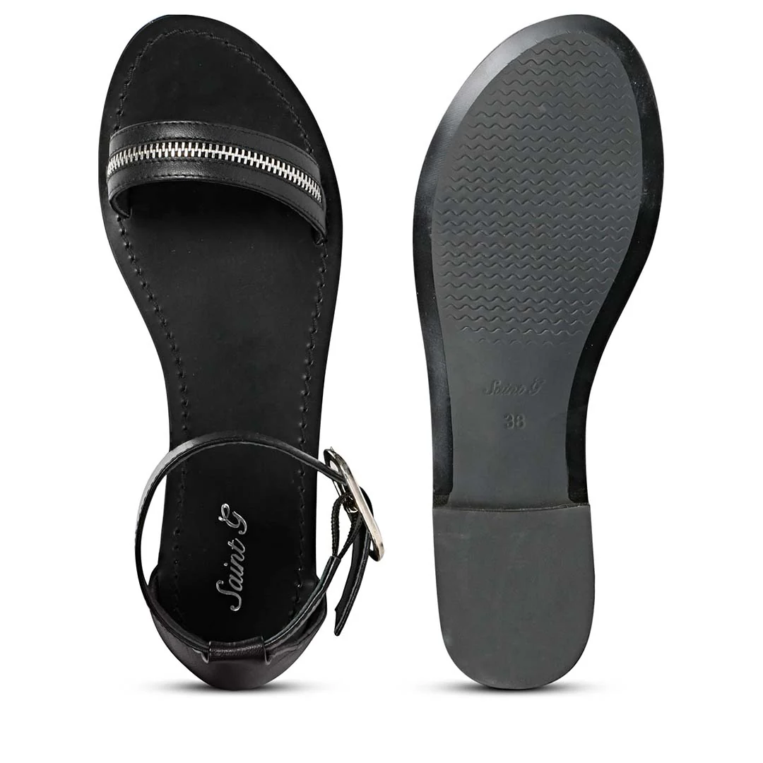 Saint Donelle Zip Decor Black Leather Sandals - Image 7