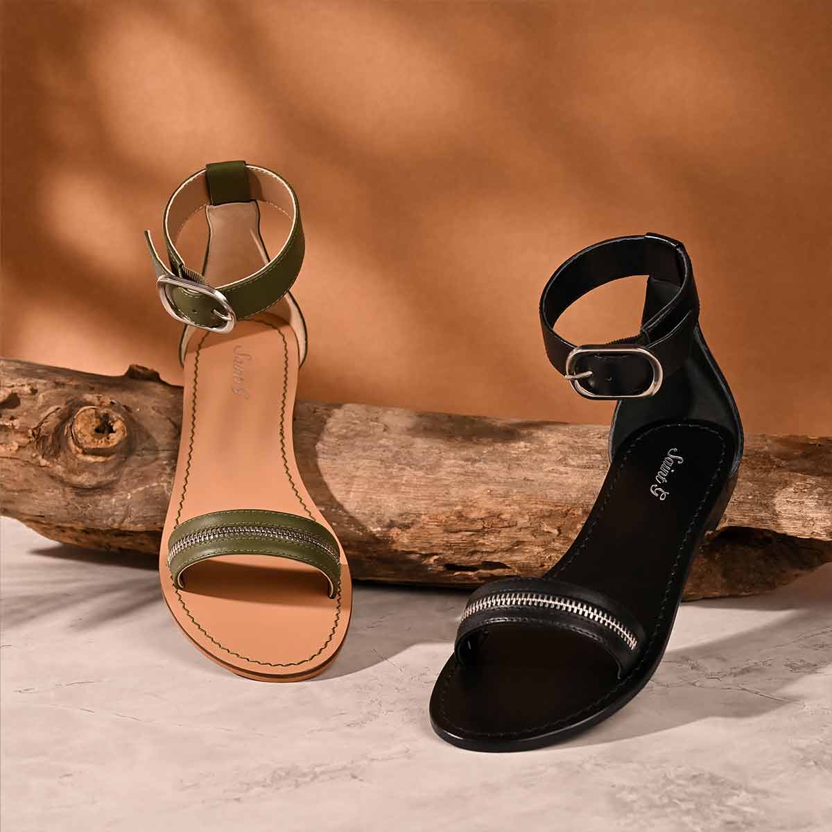 Saint Donelle Zip Decor Olive Leather Sandals - Image 2