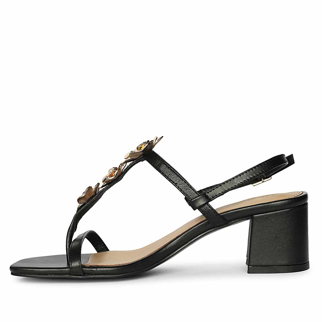 Saint Dorian Gold Floral Embellished Leather Block Heels - Image 4