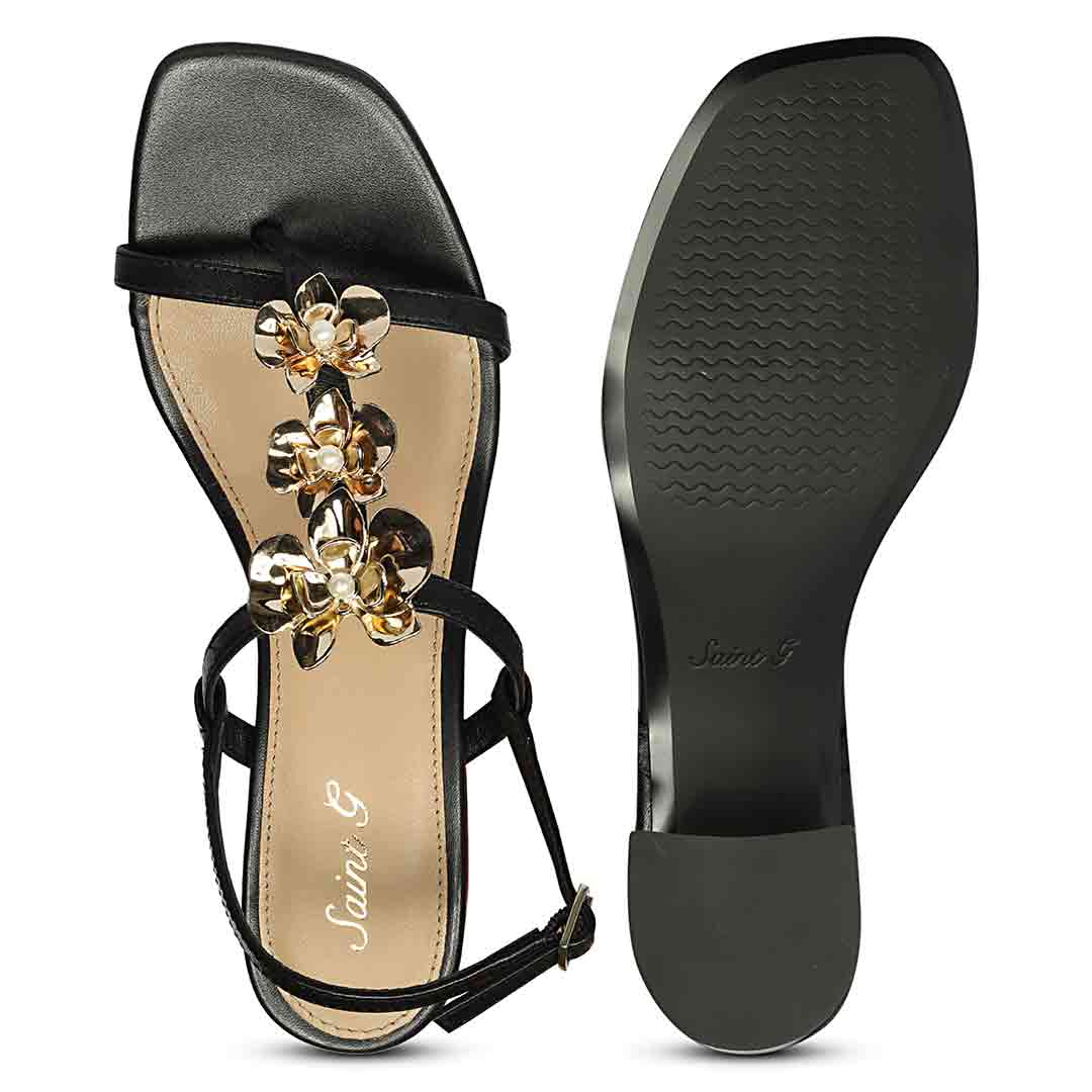 Saint Dorian Gold Floral Embellished Leather Block Heels - Image 7