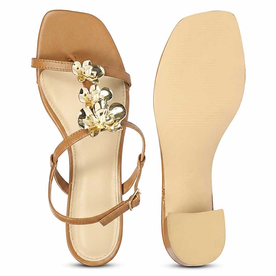 Saint Dorian Gold Flower Tan Leather Block Heels - Image 5