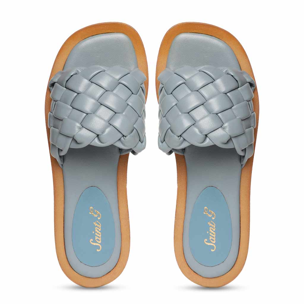 Saint Edetta Blue Woven Leather Sliders - Image 6