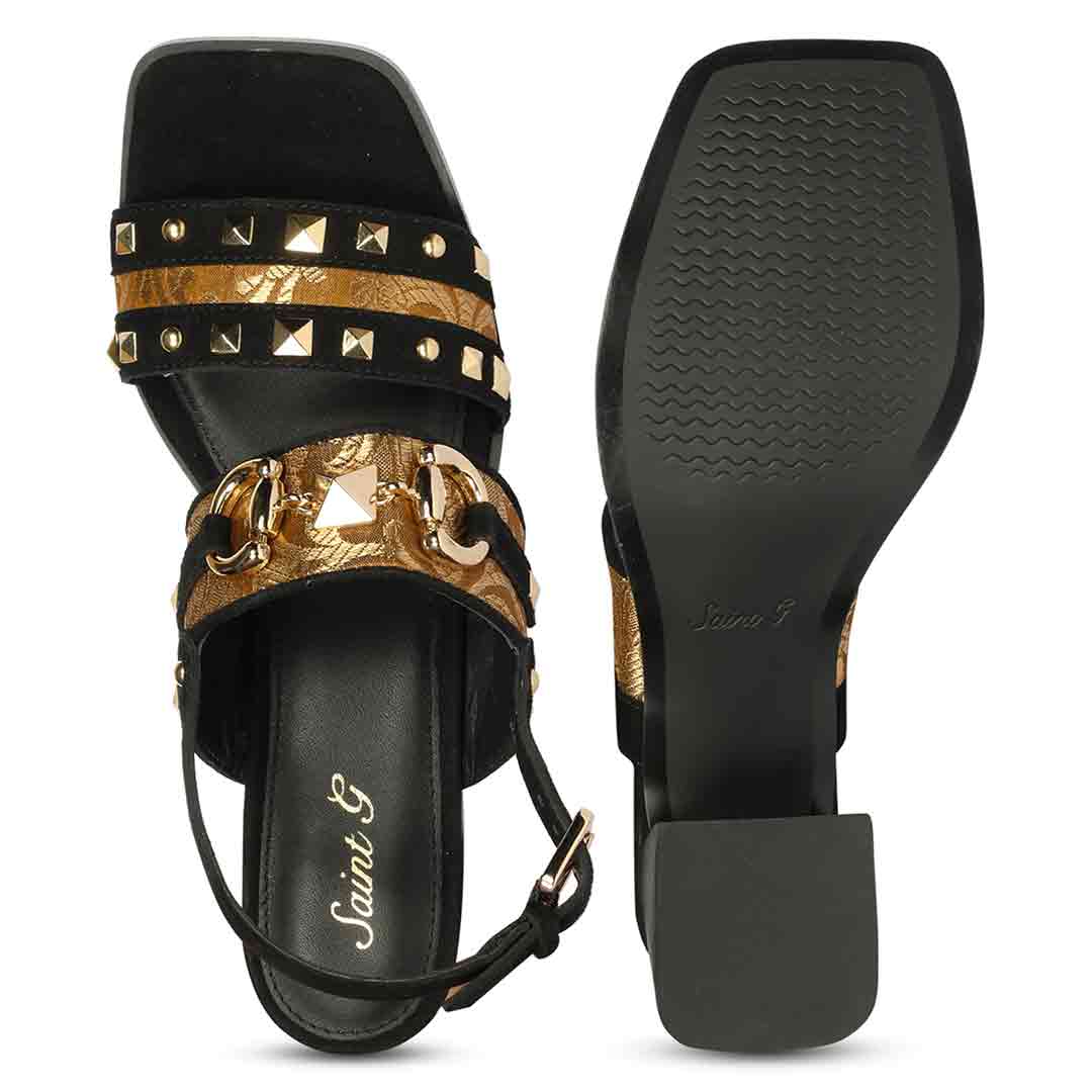 Saint Edie Embellished Metallic Black Leather Block Heel - Image 6