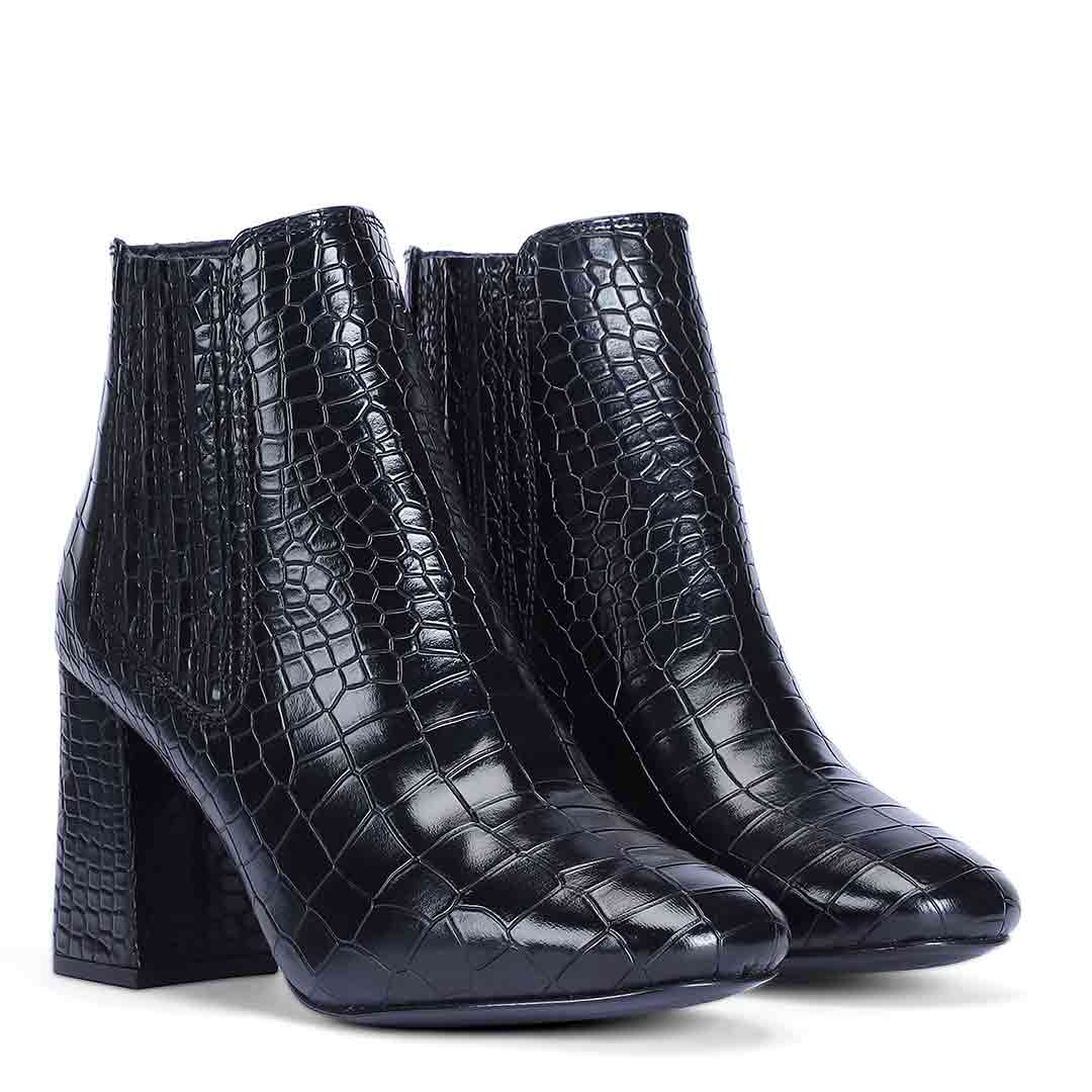 Saint Edwina Black Croc Embossed Vegan Leather Ankle Boots - Image 2