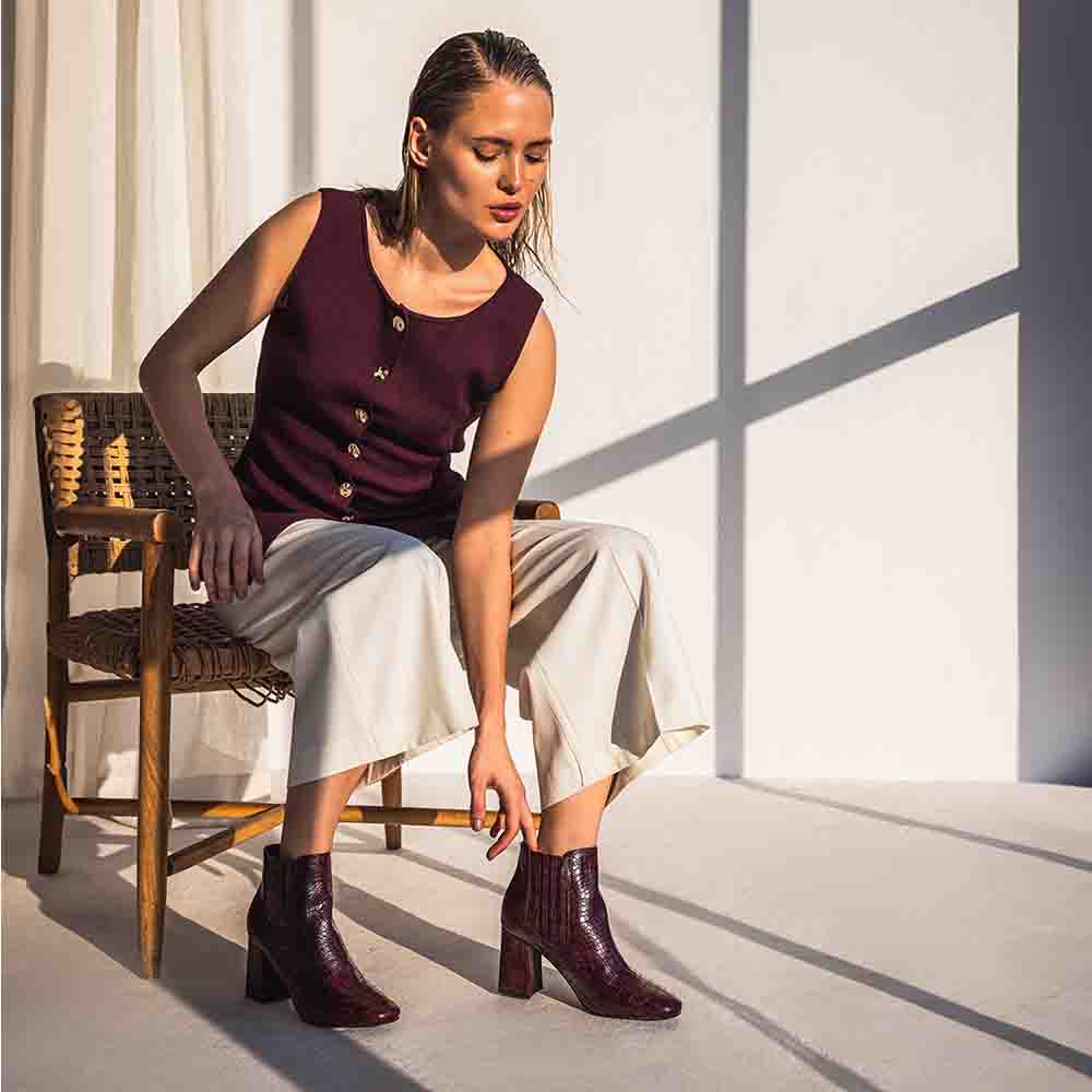 Saint Edwina Burgundy Croc Embossed Vegan Leather Ankle Boots - Image 7
