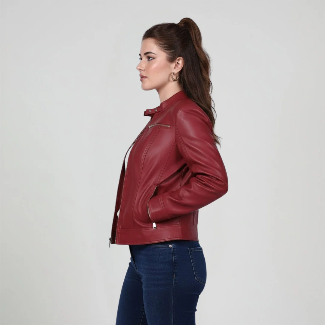 Saint Edwina Burgundy Leather Women Cafe Racer Jackets - Image 2