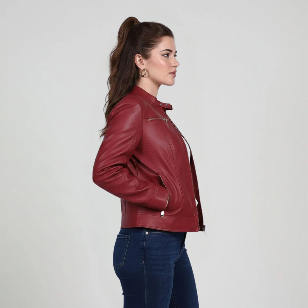 Saint Edwina Burgundy Leather Women Cafe Racer Jackets - Image 3
