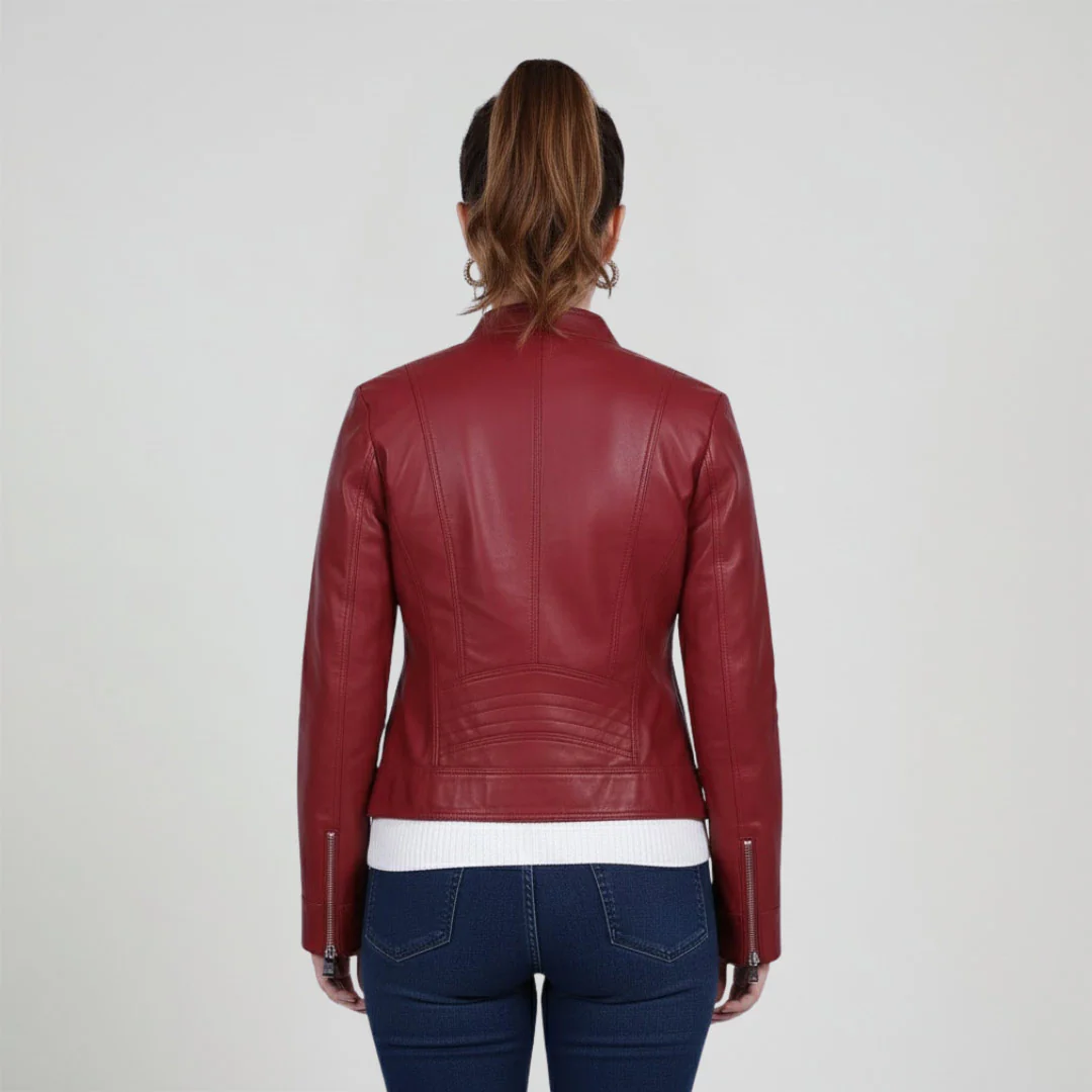 Saint Edwina Burgundy Leather Women Cafe Racer Jackets - Image 4