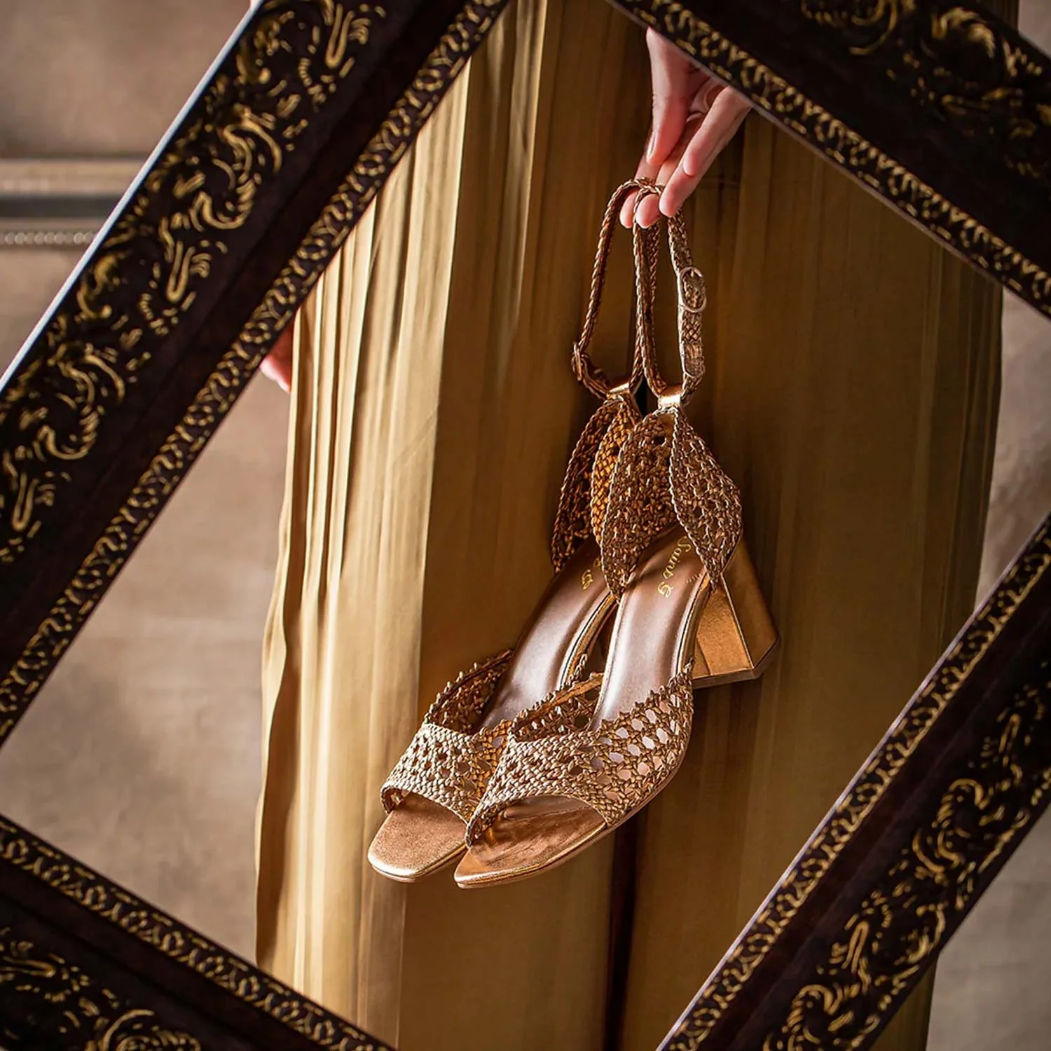 Saint Eibhlin Bronze Hand Woven Leather Block Heels - Image 2