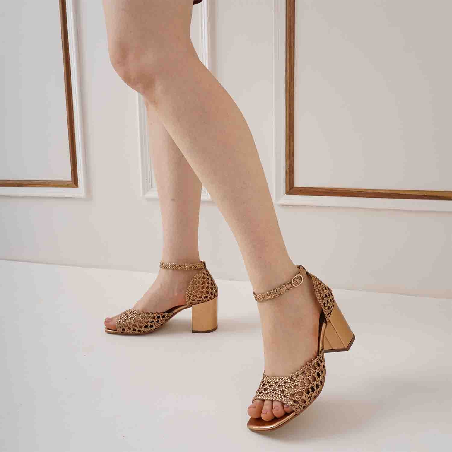 Saint Eibhlin Bronze Hand Woven Leather Block Heels - Image 5