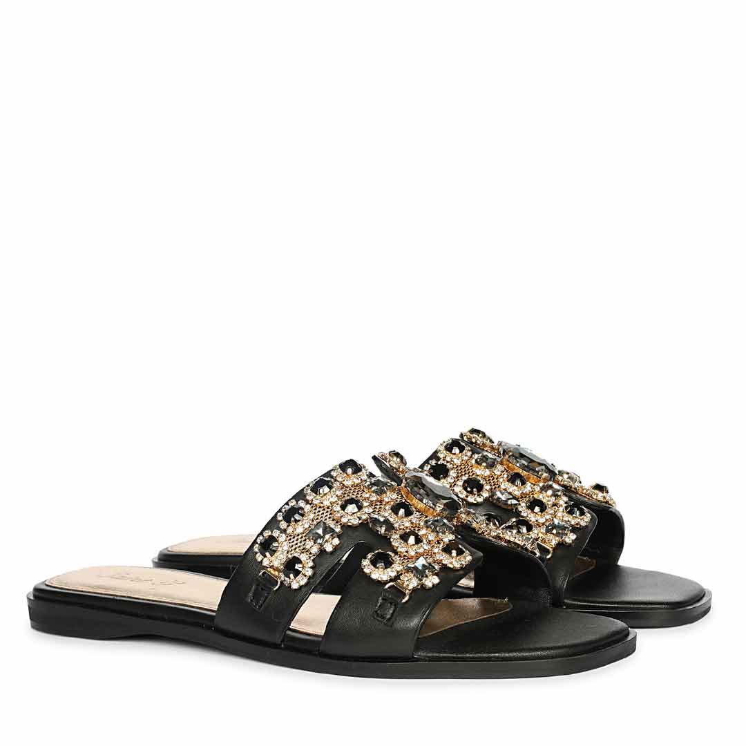 Saint Eileen Embroidered Stone Black Leather Slides - Image 2