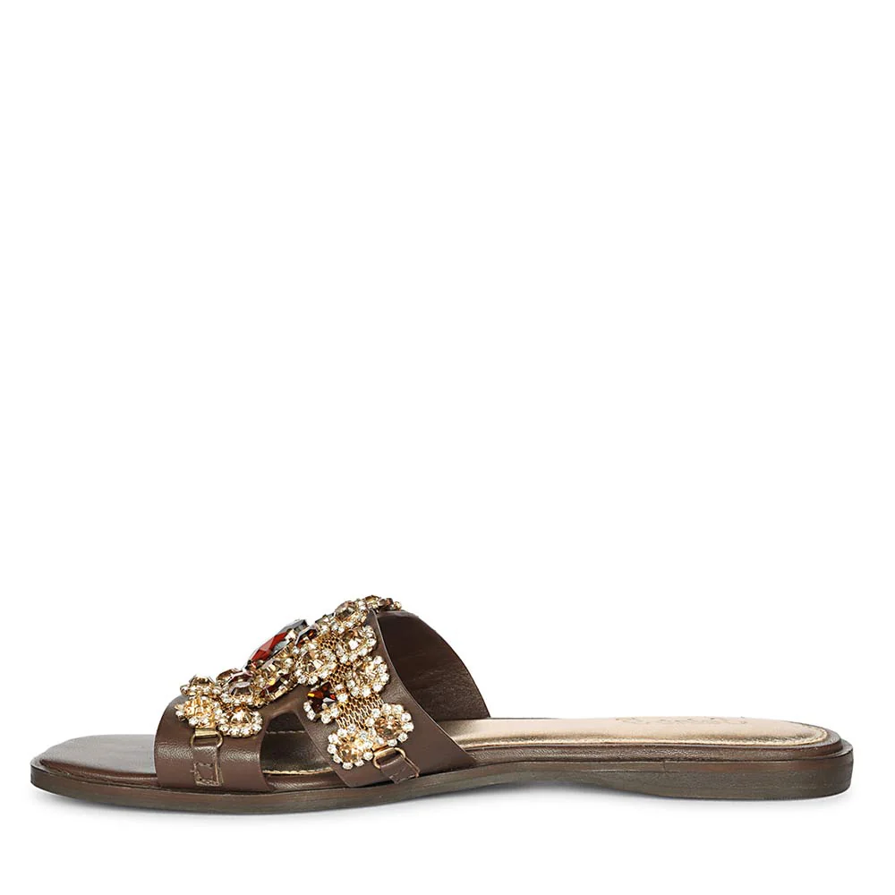 Saint Eileen Embroidered Stone Brown Leather Slides - Image 3