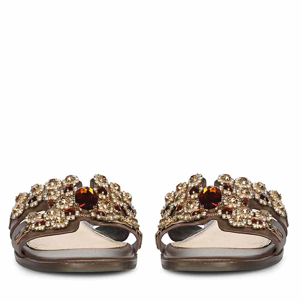 Saint Eileen Embroidered Stone Brown Leather Slides - Image 4