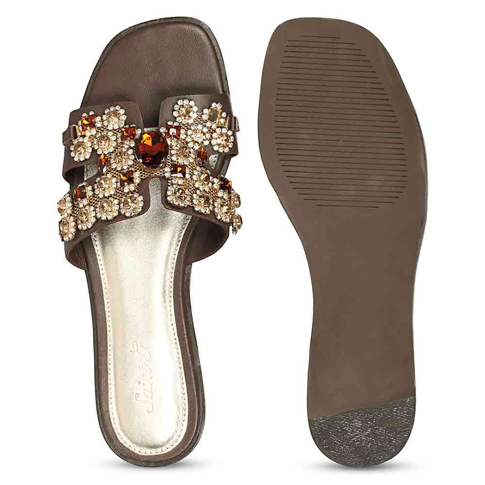 Saint Eileen Embroidered Stone Brown Leather Slides - Image 6