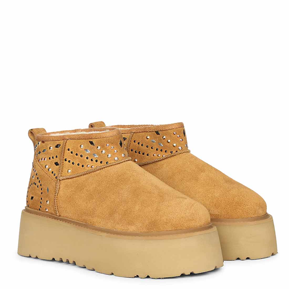Saint Eislyn Studded Tan Suede Leather Platform Boots - Image 2