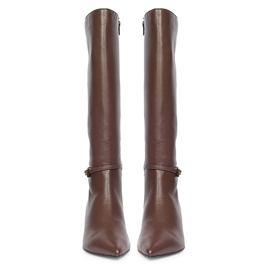 Saint Elara Buckle Embellished Brown Leather Long Boots - Image 4