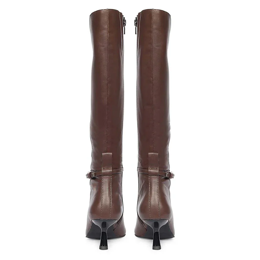 Saint Elara Buckle Embellished Brown Leather Long Boots - Image 5