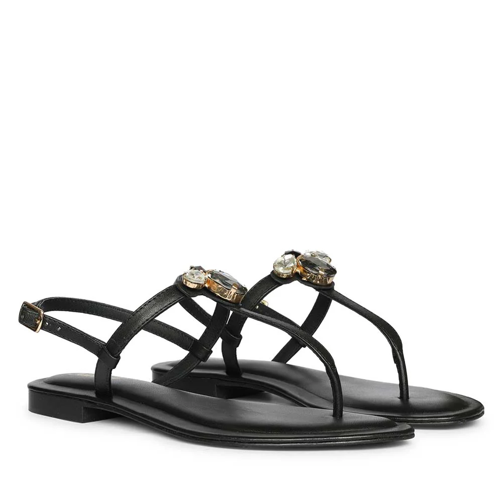 Saint Elara Stone Embellished Black Leather Sandals - Image 3