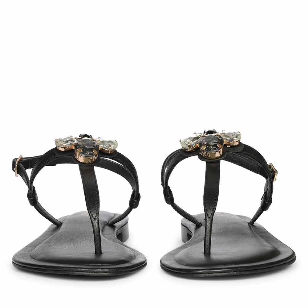 Saint Elara Stone Embellished Black Leather Sandals - Image 5
