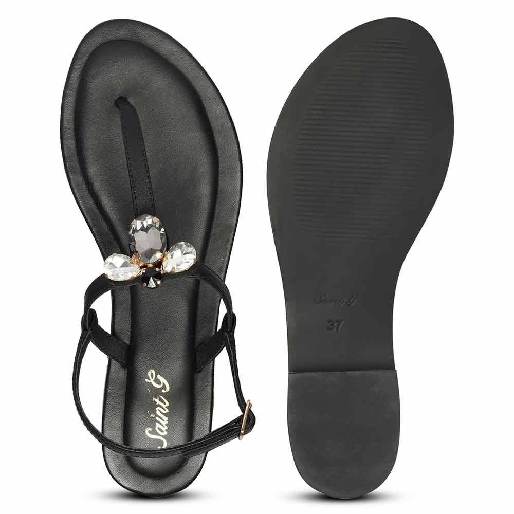 Saint Elara Stone Embellished Black Leather Sandals - Image 7