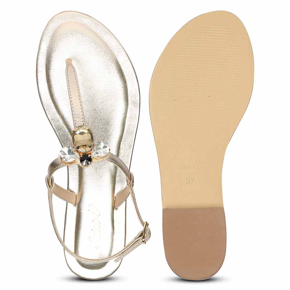 Saint Elara Stone Embellished Gold Leather Sandals - Image 7