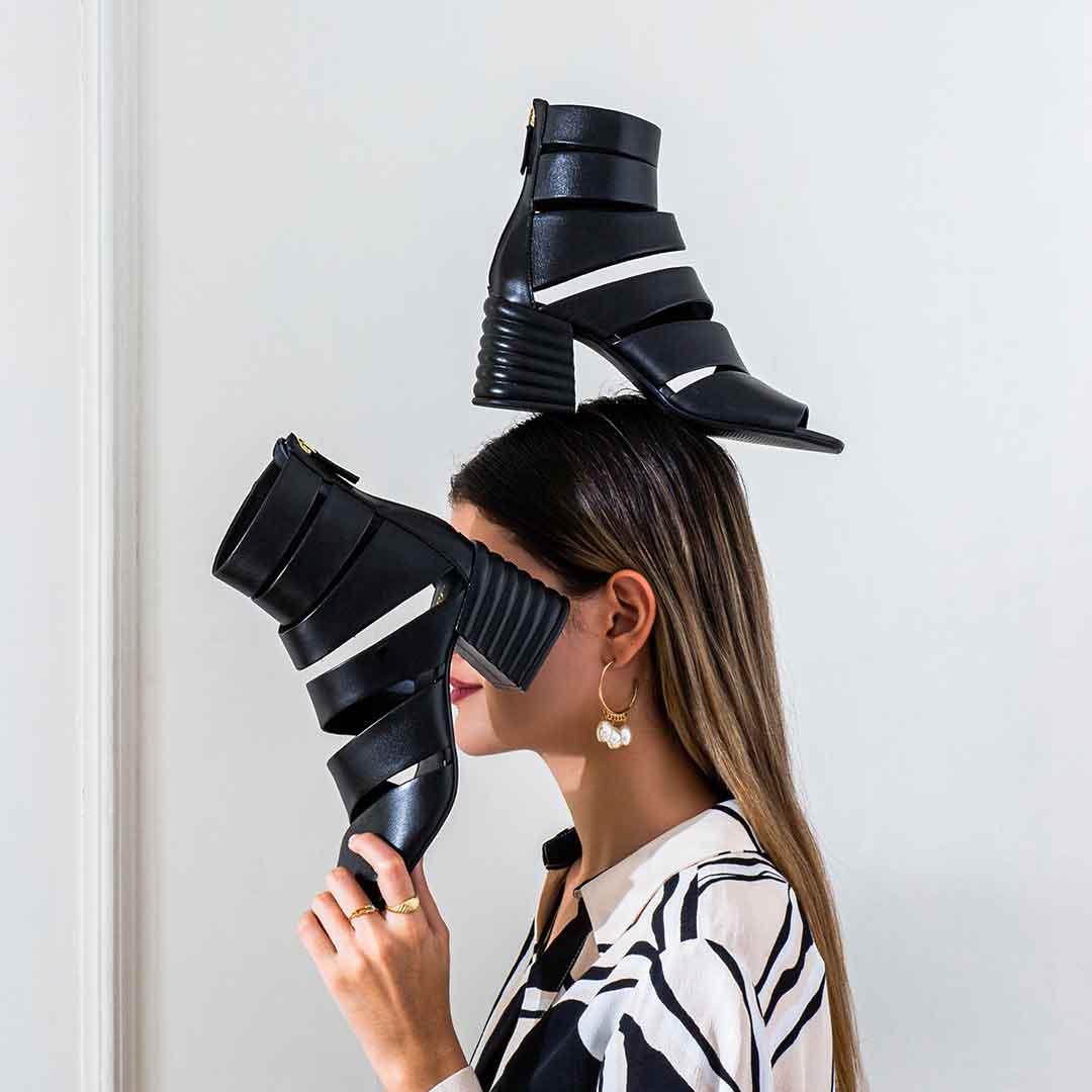 Saint Elena Black Leather Handcrafted Strappy Block Heels - Image 2