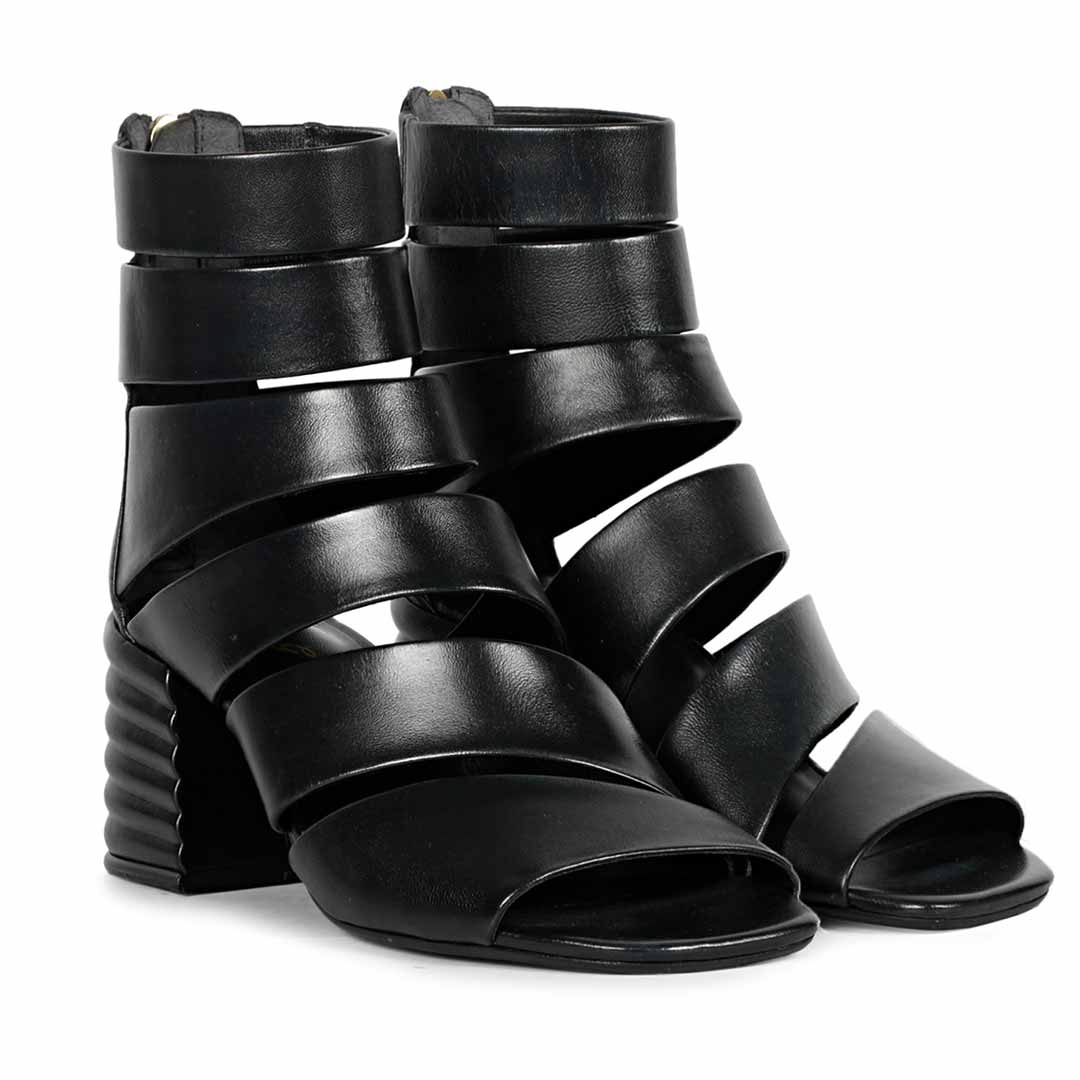 Saint Elena Black Leather Handcrafted Strappy Block Heels - Image 3