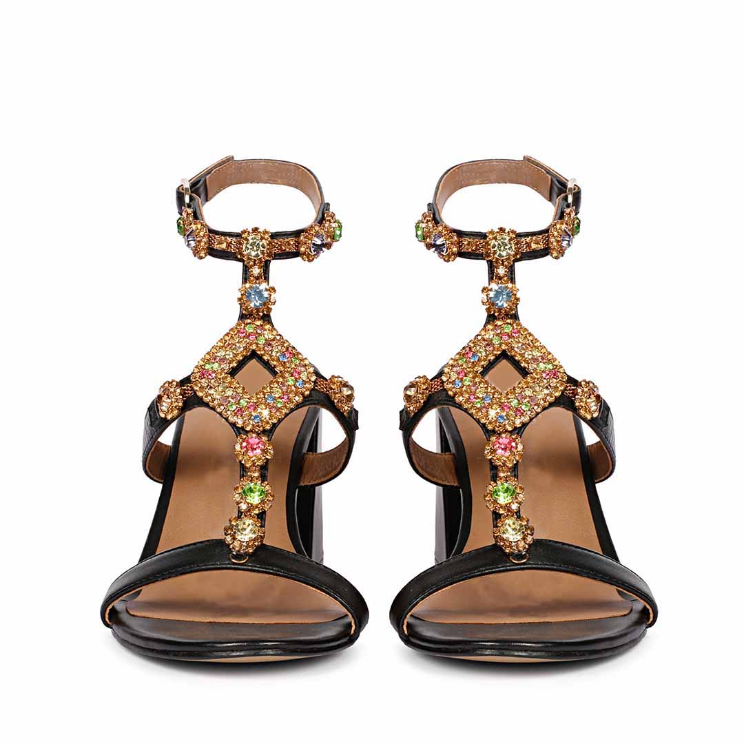 Saint Elettra Multi Stone Embellished Black Leather Block Heels - Image 5
