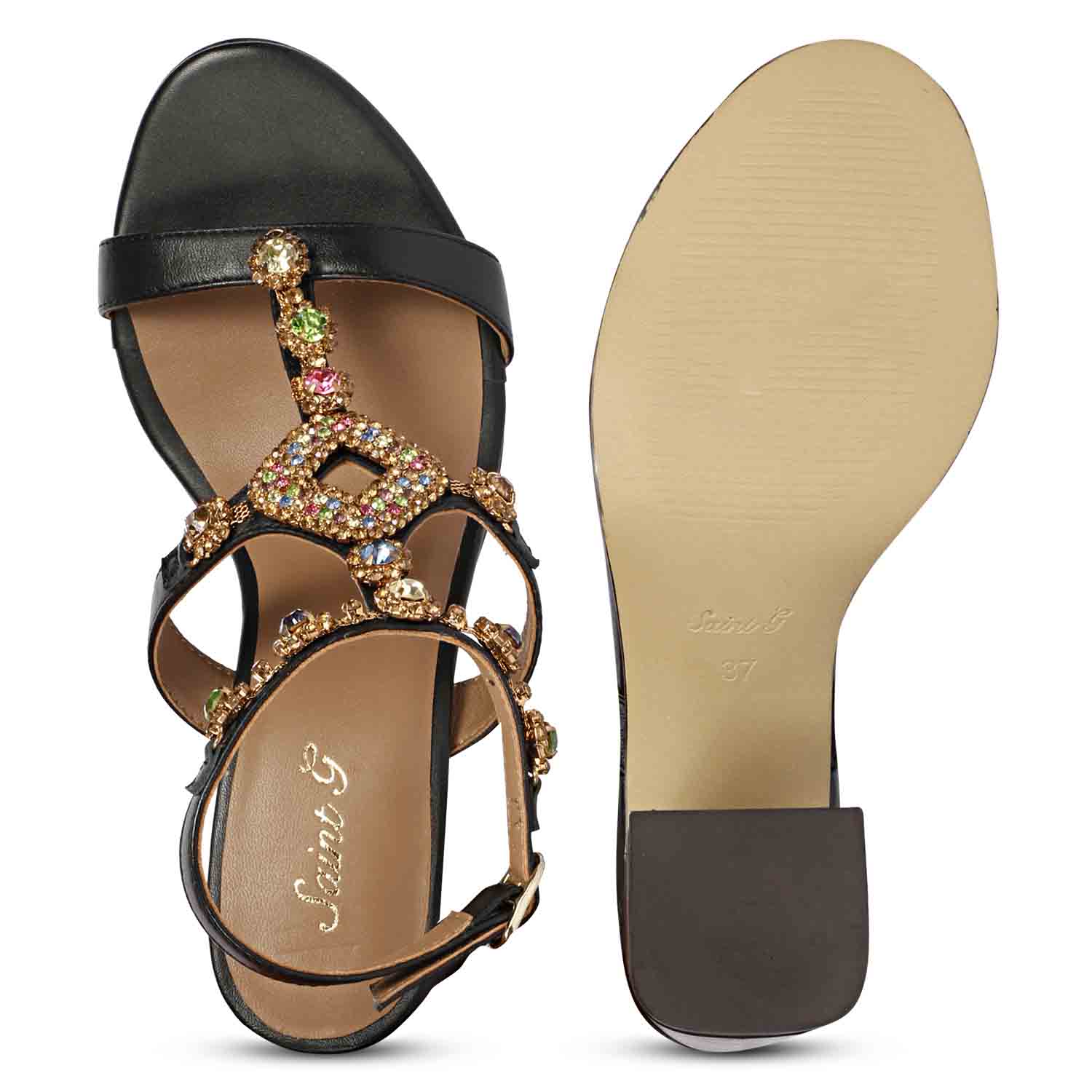Saint Elettra Multi Stone Embellished Black Leather Block Heels - Image 7